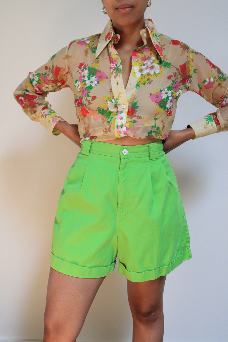Lime Cotton High Rise Pleated Denim Shorts