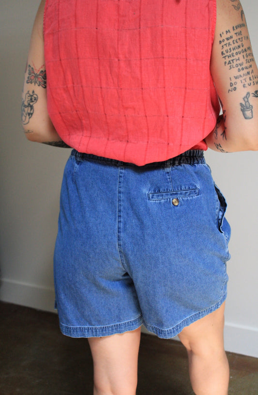 High Rise Pleated Denim Shorts