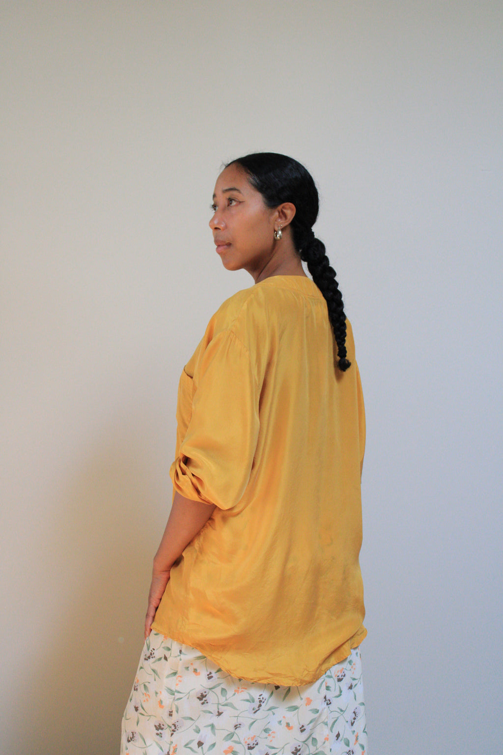 Golden Silk Collarless Button Down Blouse