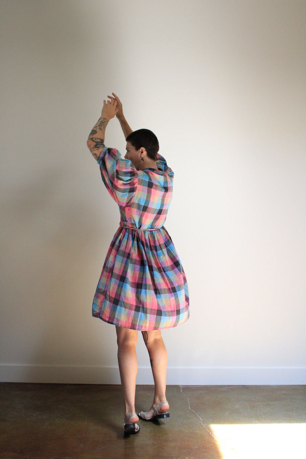 Plaid Puff Sleeve Midi Dress