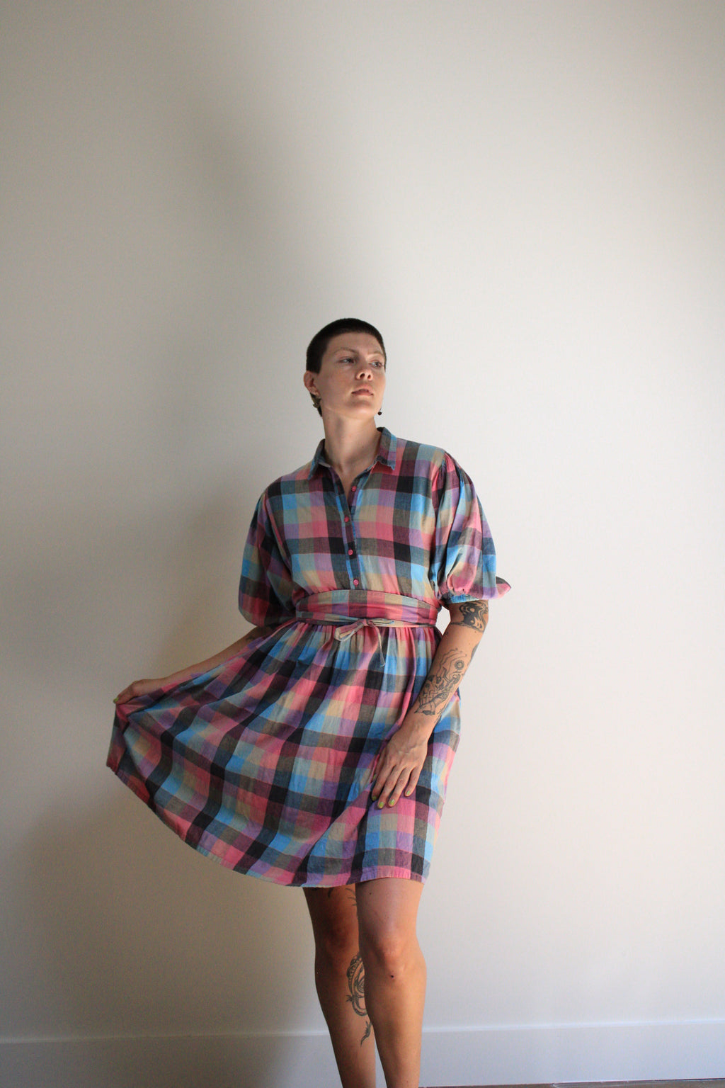 Plaid Puff Sleeve Midi Dress