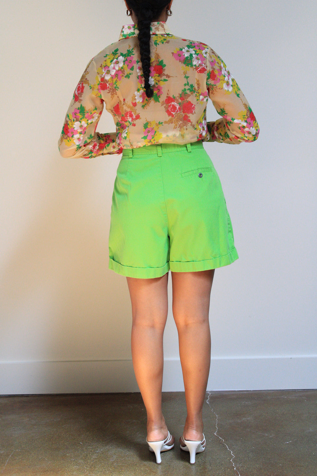 Lime Cotton High Rise Pleated Denim Shorts
