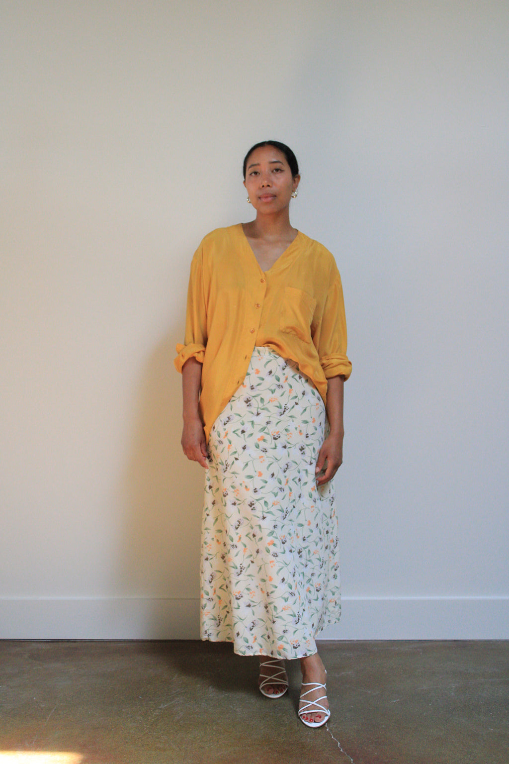 Golden Silk Collarless Button Down Blouse