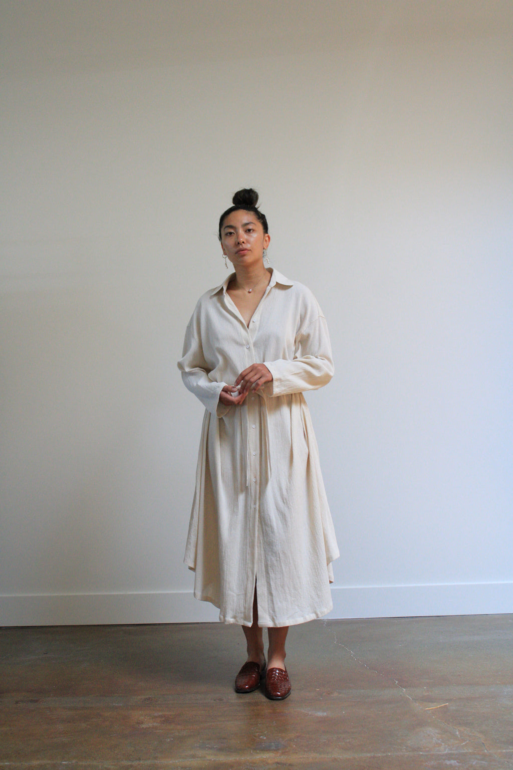 Sunja Link Cotton Crinkle Belted Shirt Dress