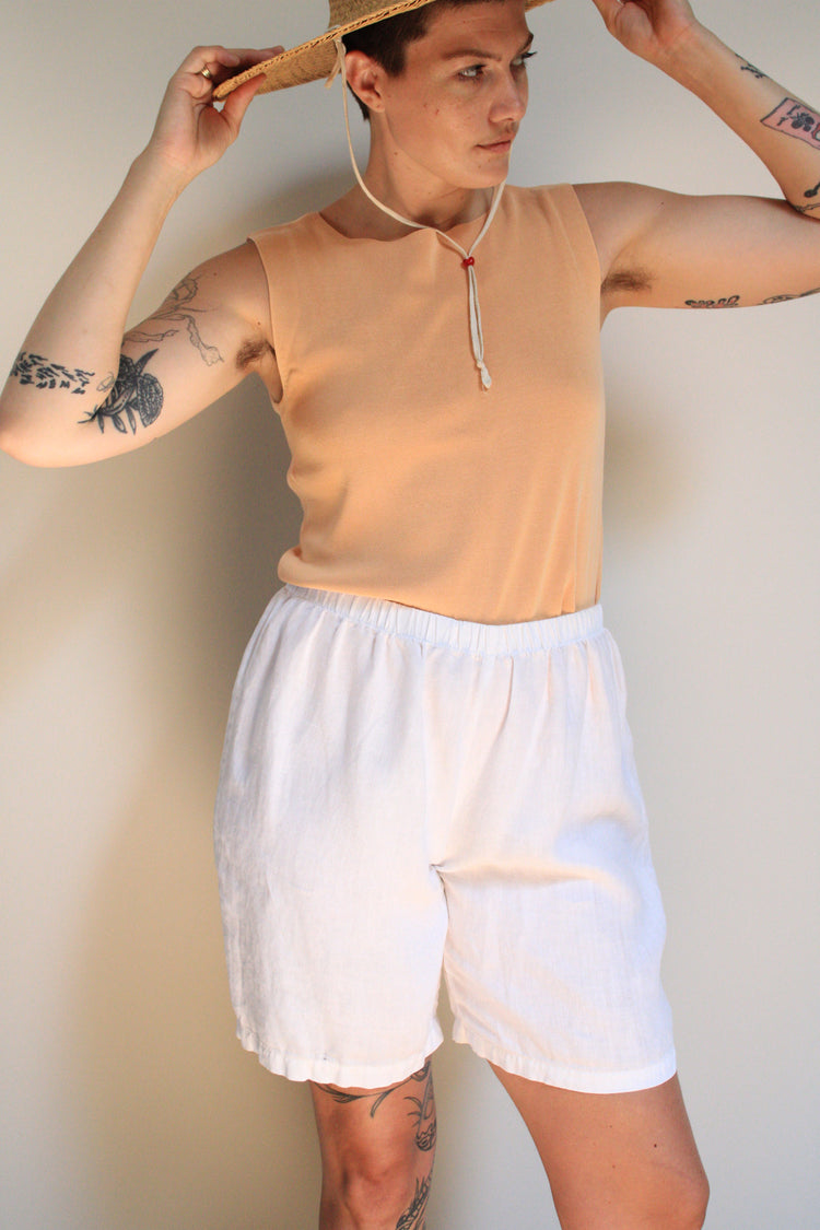 White Linen Elastic Shorts