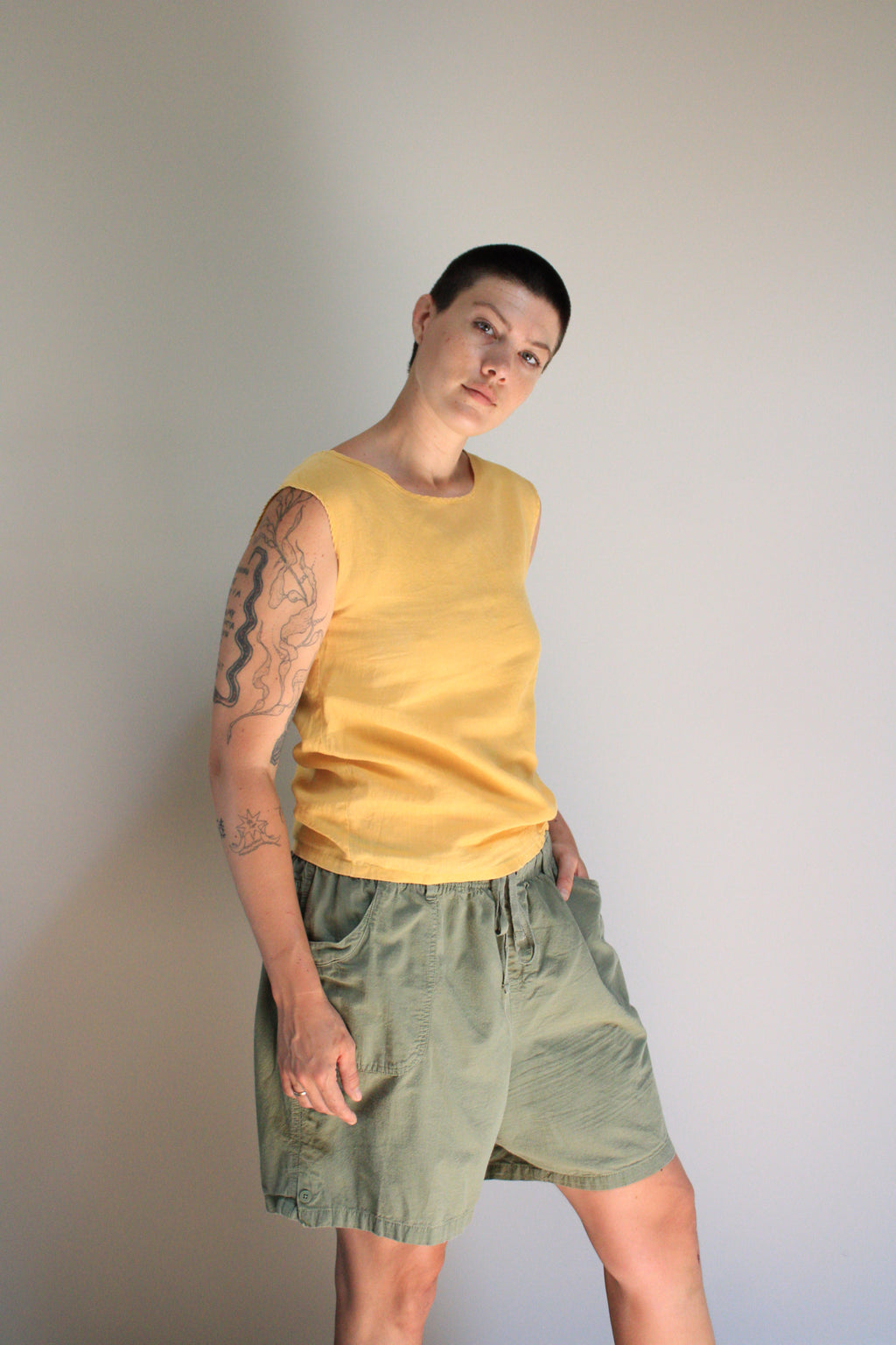 High Rise Olive Cotton Drawstring Shorts