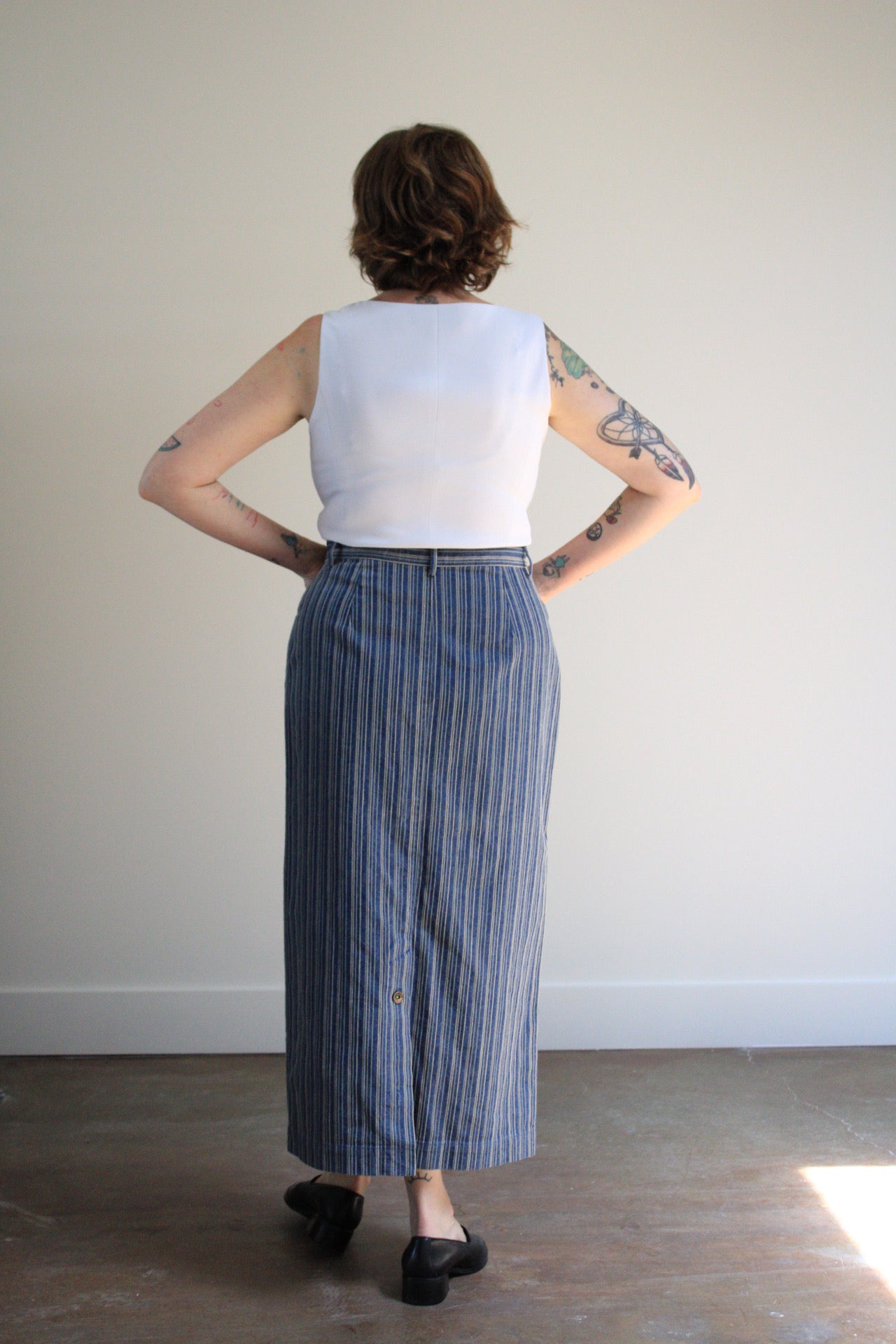 Embroidered Pinstripe Denim Midi Skirt