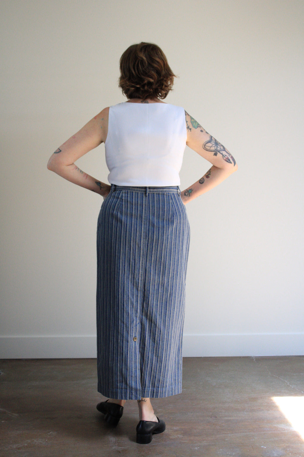 Embroidered Pinstripe Denim Midi Skirt