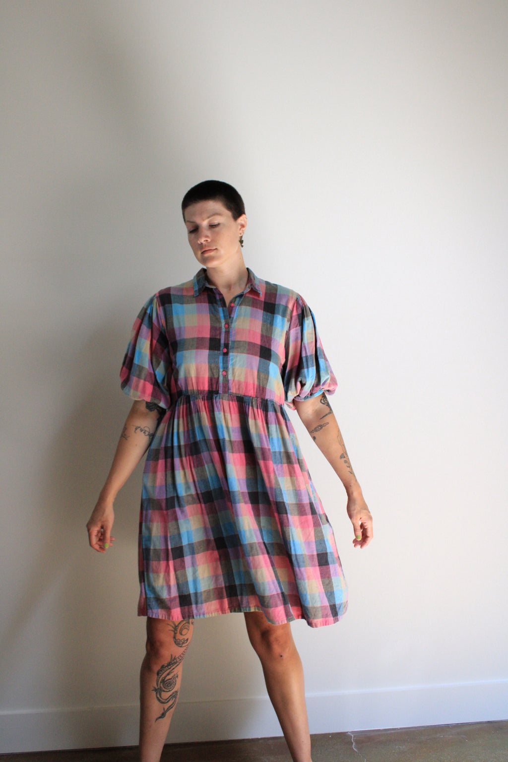 Plaid Puff Sleeve Midi Dress